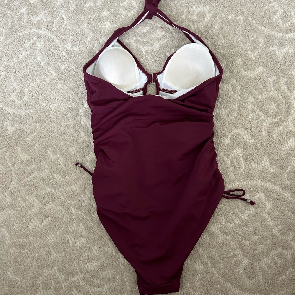 Merona L maroon red bathing suit swim halter rouged - Picture 2 of 6